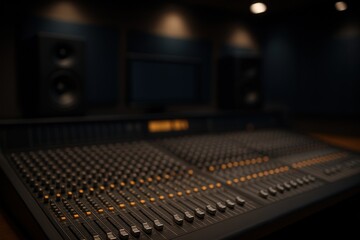 Dimly Lit Audio Production Studio with Focus on Mixing Console and Speaker Setup, Ideal for Music Creation and Technical Innovation