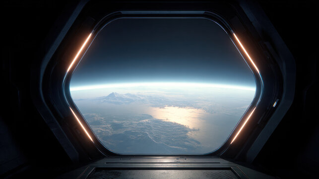 View of Earth from a Spacecraft Window Showing Outer Space