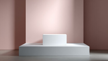 A clean white display podium in a minimalistic pink and white room