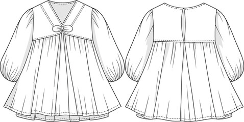 Women's Tiered Mini Dress CAD Drawing Flat Vector Fashion Illustration with V-Neckline, Bow Tie, and Puffed Sleeves.