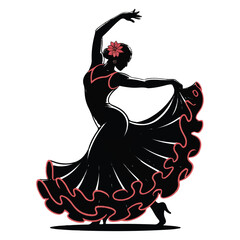 Graceful silhouette of a flamenco dancer in a black dress with red trim and a flower in her hair captured mid performance