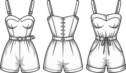 Women's Romper Playsuit CAD Drawing Flat Vector Fashion Illustration Set, Belted, Button Front, Drawstring.