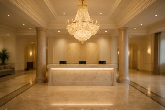 Luxurious Hotel Lobby Interior With Grand Chandelier and Marble Design for Elegant and Stylish Hospitality Ambiance