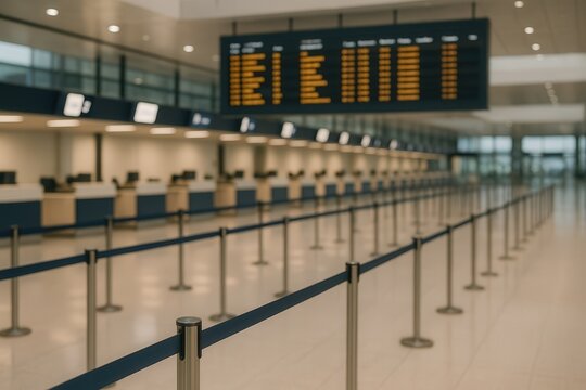 Modern Empty Airport Check In Area With Queue Barriers and Departure Board in Soft Focus