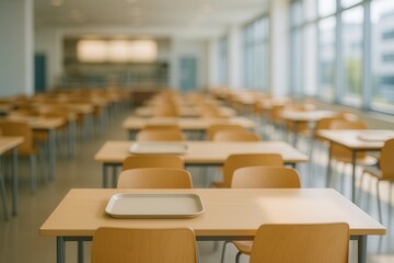 Empty College Cafeteria With Wooden Chairs and Tables Creating a Serene Atmosphere in a Brightly Lit Space