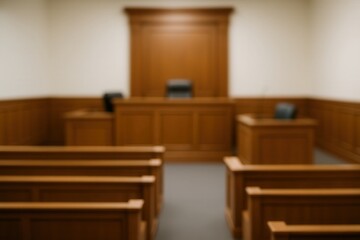 Empty Courtroom Interior With Wooden Benches And Judge's Chair, Legal Venue For Trials And Hearings, Justice System Theme For Legal Professionals And Students