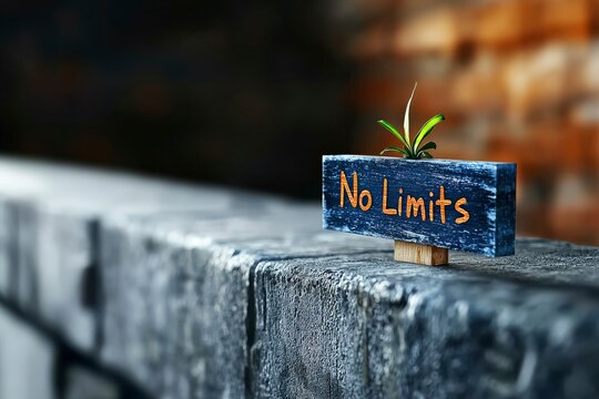 No Limits sign with sprout: Symbol of growth, resilience, and ambition. A small plant sprouts atop sign that reads "No Limits," embodying boundless possibility.