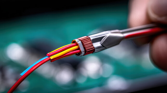 Close up of hand holding crimping tool attaching multi colored wire to connector, with blurred electronic circuit board background. image highlights electrical wiring and connection process
