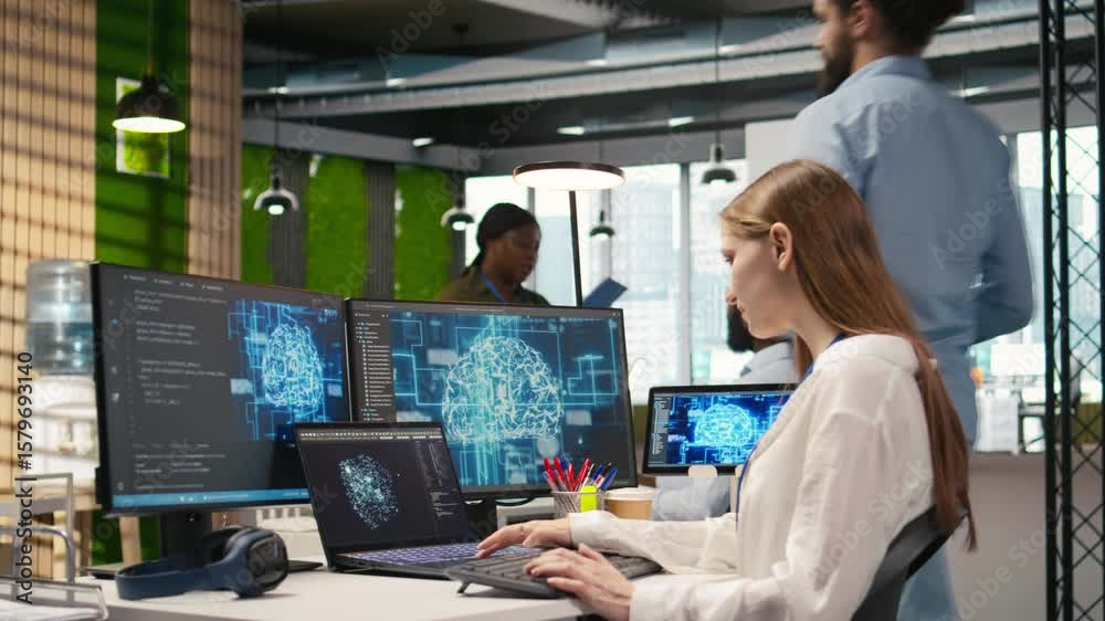 Poster it expert in high tech startup office uses neural networks to develop artificial intelligence models