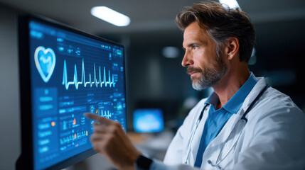 Doctor analyzing heart rate data digital screen medical facility showing health monitoring and cardiology with focused and professional expression modern medical technology healthcare hospital