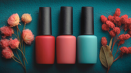 Three bottles of matte nail polish in vibrant shades of red, pink and turquoise are neatly arranged on a textured teal background. Space for copies. Generative AI