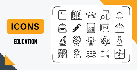 Collection of education icons including school supplies and academic symbols in outline style