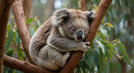 Fototapeta premium Peaceful Koala Gently Sleeping Eucalyptus Tree Soft Light. AI Generated