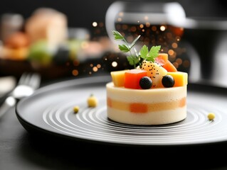 Exquisite Mandala Dessert Presentation with Geometric Design and Colorful Fruit Garnish