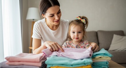 Happy mother gently helps toddler fold pastel clothes soft natural light. AI Generated