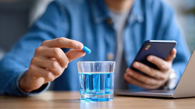 Person holding blue pill over glass of water while using smartphone and laptop on wooden table, suggesting medication or supplement intake in modern setting