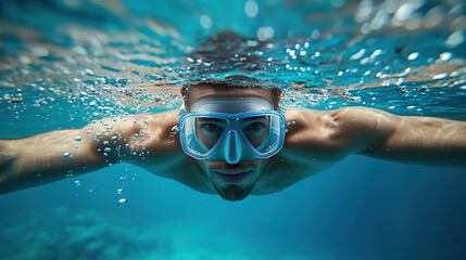Naklejka premium A man is swimming in the ocean wearing a blue snorkel