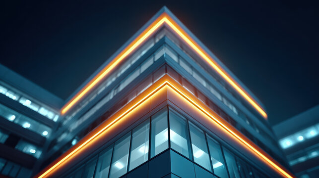 Modern office building at night with illuminated neon lines outlining structure, creating futuristic and sleek appearance, emphasizing architectural design and lighting effects
