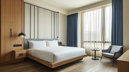 Modern hotel bedroom with large windows