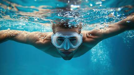 A man is swimming underwater wearing goggles