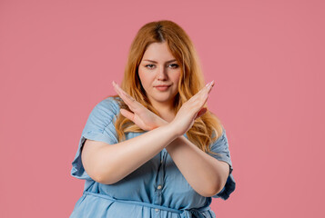 No, Never, Plus Size Woman Rejecting Gesture Stop Crossing Hands. Ban, Timeout. 