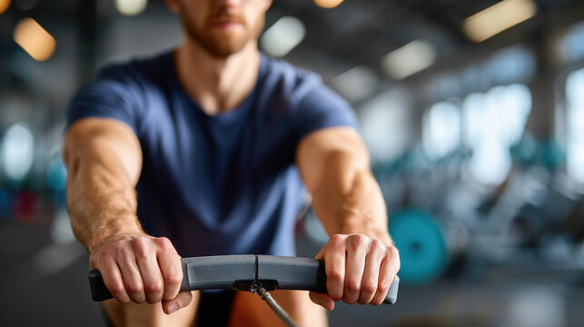 Man exercising with rowing machine in gym, focusing on upper body strength and fitness, with blurred gym equipment in background, showing determination and physical effort