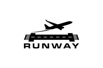 A plane taking off from a runway logo design.  Travel, flight, and aviation concept vector illustration.