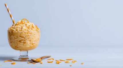 Elegant Dessert Presentation: Creamy Mango Dessert in a Glass Bowl with Striped Straw, Wooden Spoon and Mango Slices on a Clean White Background, Perfect for Food Photography and Dessert Concepts