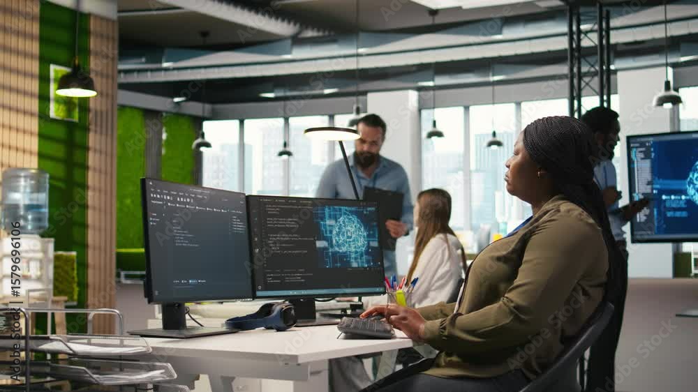 Poster female admin using ai neural networks tech on computer to optimize performance and forecast issues. 