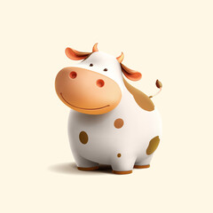 3d cute smiling farm cow, in cartoon style. Cow on white background for dairy, baby, natural products concepts. Vector illustration.