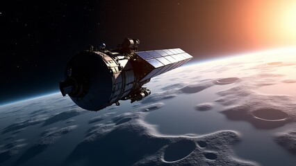 Space exploration probe above moon surface