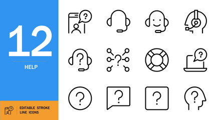Customer service icon set. Minimal vector icons pack. Includes support symbols like headset, chat bubble, call center, live chat, emergency help and more. Editable stroke.