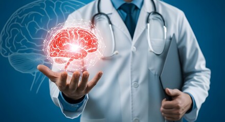 World Brain Day Doctor holding human brain with digital connection, health care and neurological concept, medical professional showing mind