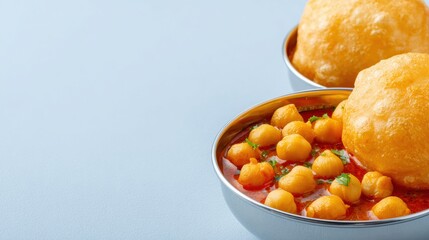 Chana Masala with Poori, Traditional Indian Dish, Chickpea Curry Served with Fried Bread, Garnished with Cilantro, in a Silver Bowl on a Light Blue Background, Indian Cuisine, Vegetarian Food