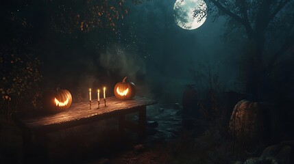 Fototapeta premium Mystical Halloween Scene with Jack-O-Lanterns and Moonlit Forest