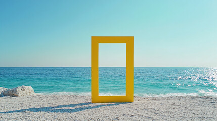 A yellow frame is on the beach next to the ocean