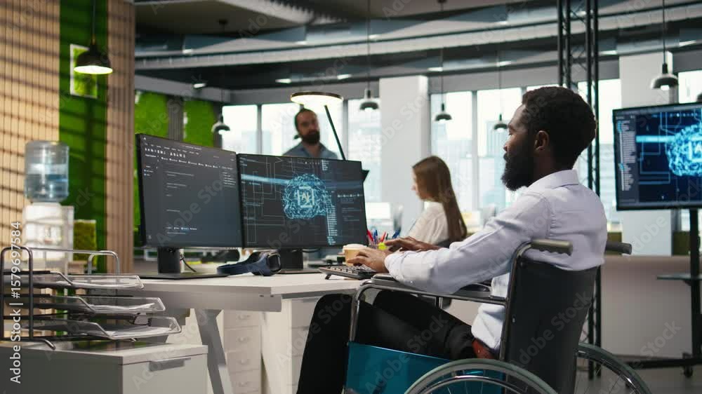 Fototapete it professional in wheelchair in inclusive office developing software applications using ai automati
