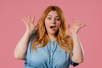 Surprised plus size woman expresses Wow, Cant Believe. Impressed positive Lady