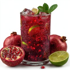 Refreshing Pomegranate Cocktail with Lime and Ice, Garnished with Fresh Leaves, Surrounded by Whole and Halved Pomegranates and Lime Slice on a White Background, Perfect for Summer Drinks and Healthy