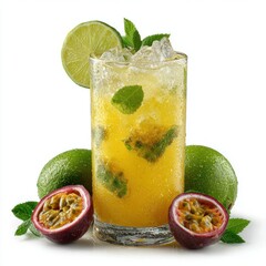 Refreshing Passion Fruit Mojito Cocktail with Lime and Mint, Served with Ice Cubes, Passion Fruits and Limes on a White Background, Perfect for Summer Drinks and Tropical Refreshments