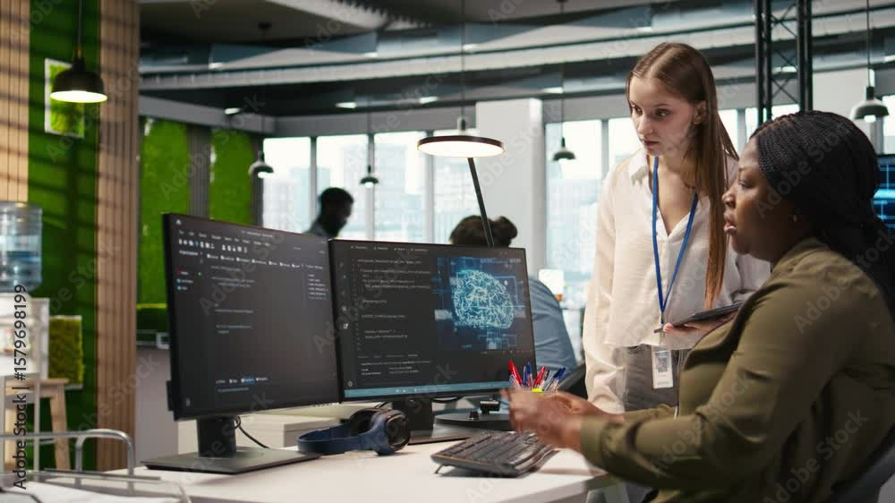 Poster manager teaching young technician how to develop software and optimize code using ai. team leader gu