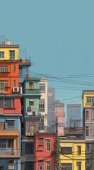Vibrant Colorful Apartment Buildings Stacked Together Against a Clear Blue Sky, Depicting Urban Density and Architectural Diversity, Showcasing a Unique and Eye-Catching Cityscape, Perfect for Urban