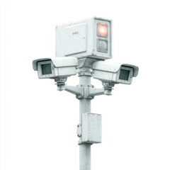 Vintage Security Camera System with Four Surveillance Cameras and a Warning Light on a Metal Pole, Isolated on White Background, Emphasizing Surveillance, Security, and Retro Technology