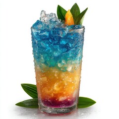Exotic Rainbow Cocktail with Ice and Orange Slice Garnish, Refreshing Summer Drink with Vibrant Colors and Condensation, Tropical Beverage on White Background, Refreshment Concept