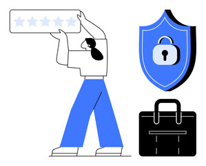 Woman raising five-star rating, representing quality. Shield with a lock emphasizes security. Briefcase symbolizes professionalism. Ideal for business, security, quality, trust, achievements