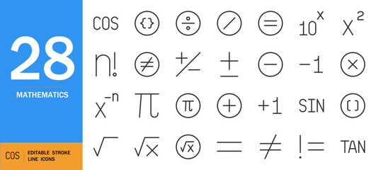Mathematics icon set. Minimal vector symbols pack. Includes cos, sin, equations, calculator UI elements, circles, dots and more. Clean outline design. Editable stroke.