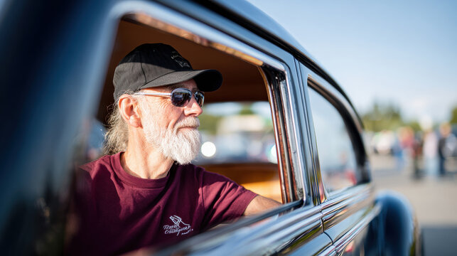 Fototapeta Senior man with beard and sunglasses sitting in vintage car window, enjoying sunny day outdoors, with blurred background of people and cars, conveying sense of nostalgia and relaxation