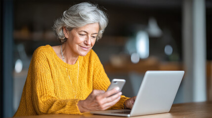 Senior woman using smartphone and laptop home smiling and engaging virtual call enjoying her digital activity comfortable and relaxed environment casual clothing cozy setting modern technology