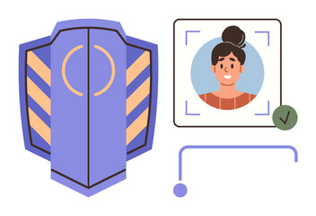 Shield emblem next to a user profile picture in a scan frame with a checkmark. Ideal for identity protection, cybersecurity, privacy, user authentication, secure access, digital trust, simple flat