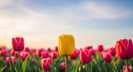 Yellow Tulip Stands Out in a Field of Red Tulips Under a Bright Sky